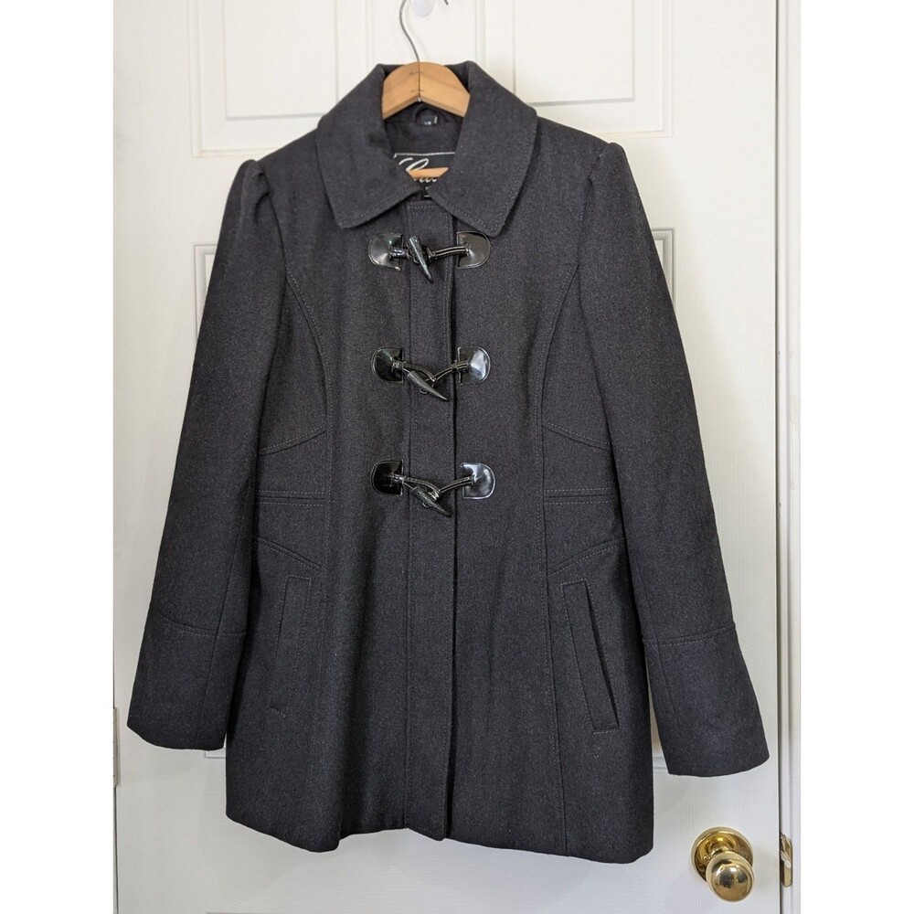 GUESS Wool Blend Pea Coat Womens Large Charcoal Black Full Zip Toggle Buttons